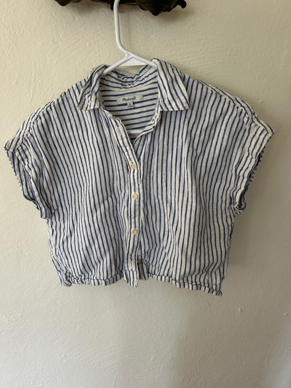 Madewell White and Navy Striped Button-Front Crop Shirt